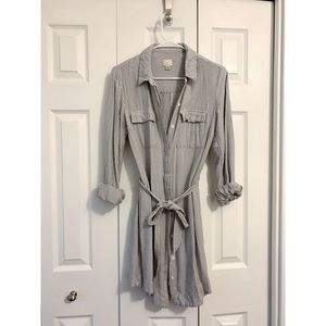 Belted Front Button Grey Striped Dress